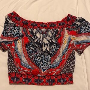 Jealous Tomato Red and Blue Patterned Off-Shoulder Blouse